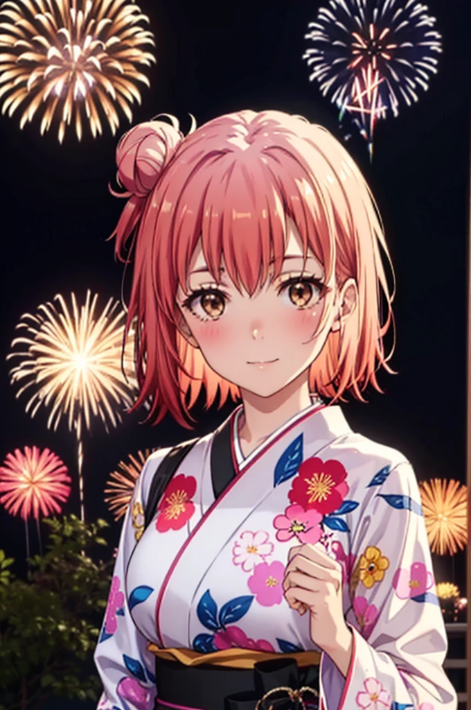 yuiyuigahama, yui yuigahama, cabello corto, (Ojos cafés:1.5), (Cabello rosado:1.2), sonrisa,rubor,Moño,single Moño, sonrisa,adornos de flores para el cabello,pechos grandes,kimono rosa,Mangas gruesas,festival japonés,puestos del festival de verano,Red lantern,fuegos artificiales in the night sky、fuegos artificiales,El lugar es un espectáculo de fuegos artificiales.,el tiempo es noche,todo el cuerpoがイラストに入るように,
descansar al aire libre, festival,
descanso mirando al espectador, todo el cuerpo, (tiro de vaquero:1. 5)
break (obra maestra:1.2), de la máxima calidad, Alta resolución, fondo de pantalla de unidad 8k, (cifra:0.8), (Hermosa atención al detalle:1.6), Cara muy detallada, Iluminación perfecta, CG muy detallado, (manos perfectas, anatomía perfecta),