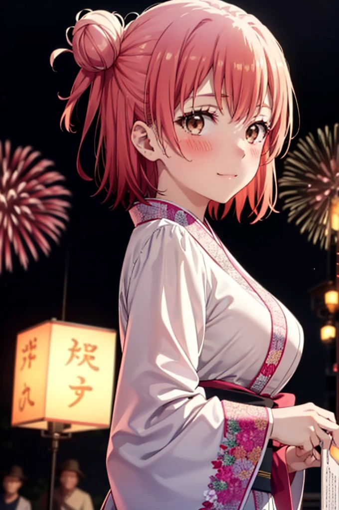 yuiyuigahama, yui yuigahama, short hair, (Brown eyes:1.5), (Pink Hair:1.2), smile,blush,Hair Bun,single Hair Bun, smile,Flower Hair Ornaments,Big Breasts,Pink kimono,Thick sleeves,Japanese festivals,Summer festival food stalls,Red Lantern,Fireworks in the night sky、Fireworks,The place is a fireworks display,Time is night,whole bodyがイラストに入るように,
BREAK outdoors, festival,
BREAK looking at viewer, whole body, (Cowboy Shot:1. 5)
BREAK (masterpiece:1.2), Highest quality, High resolution, unity 8k wallpaper, (figure:0.8), (Beautiful attention to detail:1.6), Highly detailed face, Perfect lighting, Highly detailed CG, (Perfect hands, Perfect Anatomy),