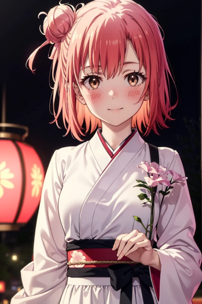 yuiyuigahama, yui yuigahama, short hair, (Brown eyes:1.5), (Pink Hair:1.2), smile,blush,Hair Bun,single Hair Bun, smile,Flower Hair Ornaments,Big Breasts,Pink kimono,Long skirt in pink color,Thick sleeves,Japanese festivals,Summer festival food stalls,Red Lantern,Fireworks in the night sky、Fireworks,The place is a fireworks display,Time is night,So that the whole body goes into the illustration,
BREAK outdoors, festival,
BREAK looking at viewer, Upper Body, (Cowboy Shot:1. 5)
BREAK (masterpiece:1.2), Highest quality, High resolution, unity 8k wallpaper, (figure:0.8), (Beautiful attention to detail:1.6), Highly detailed face, Perfect lighting, Highly detailed CG, (Perfect hands, Perfect Anatomy),