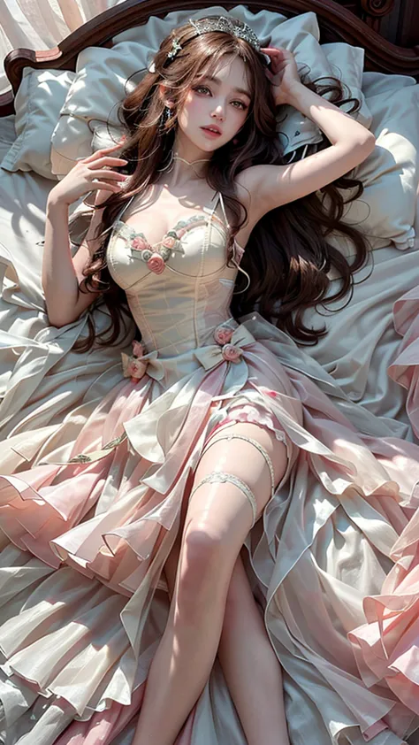 Romantic Rosette Dress 2, best quality,very detailed,realistic,high resolution,portrait,Beautiful woman, palatial bed,Gorgeous b...