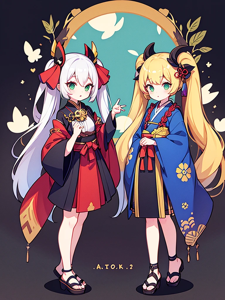 Full-body portrait、Are standing、woman、Foreigners、Blonde、Twin tails、Green Eyes、Onmyoji、Onmyojiの服