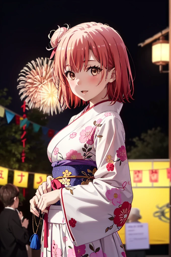 yuiyuigahama, yui yuigahama, short hair, (Brown eyes:1.5), (Pink Hair:1.2), smile,blush,Squint your eyes,Open your mouth,Happy atmosphere,Hair Bun,single Hair Bun, smile,Flower Hair Ornaments,Big Breasts,Pink kimono,Long skirt in pink color,Thick sleeves,日本のfestival,夏festivalの屋台,Red lantern,Fireworks in the night sky、Fireworks,The place is a fireworks display,Time is night,So that the whole body goes into the illustration,
break outdoors, festival,
break looking at viewer, Upper Body, (Cowboy Shot:1. 5)
break (masterpiece:1.2), Highest quality, High resolution, unity 8k wallpaper, (figure:0.8), (Beautiful attention to detail:1.6), Highly detailed face, Perfect lighting, Highly detailed CG, (Perfect hands, Perfect Anatomy),