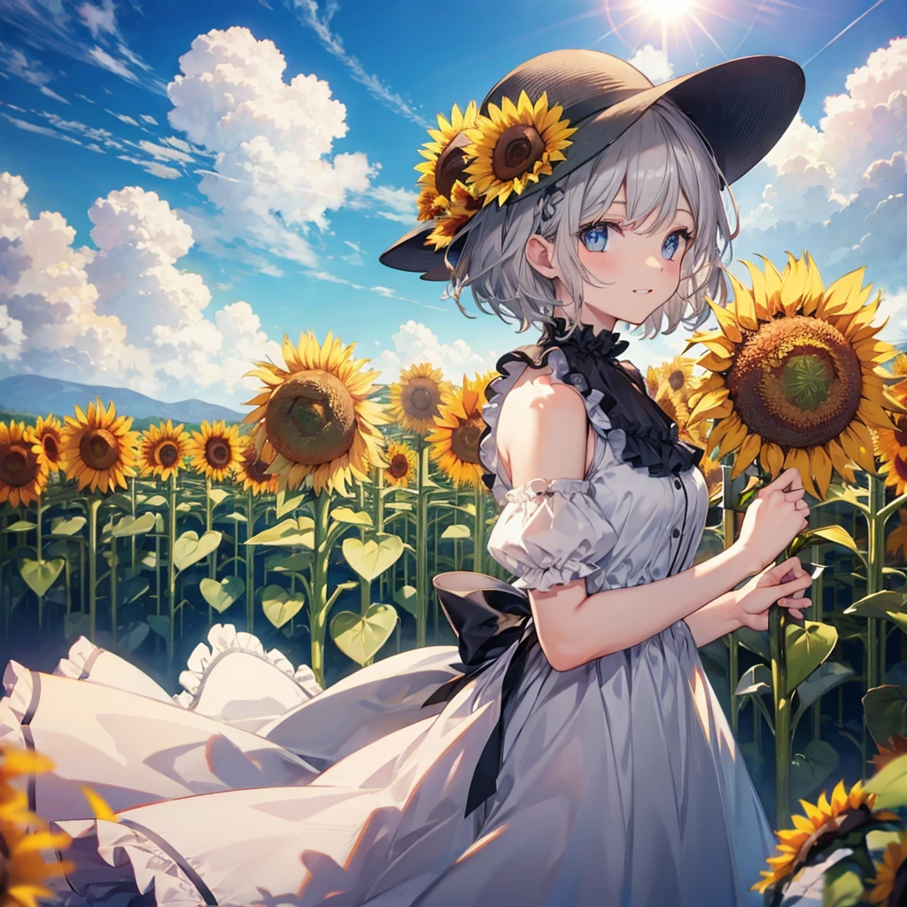 ((((Frilly clothes　Sunflower field))))　(((Gray Hair　short hair　blue eyes　woman　profile　View sunflowers)))，((Blowing in the Wind　sunlight　sun　cloud))，(Wearing a hat　Beige clothes　smile)，　Showing teeth　Shining Background　Shining Edges