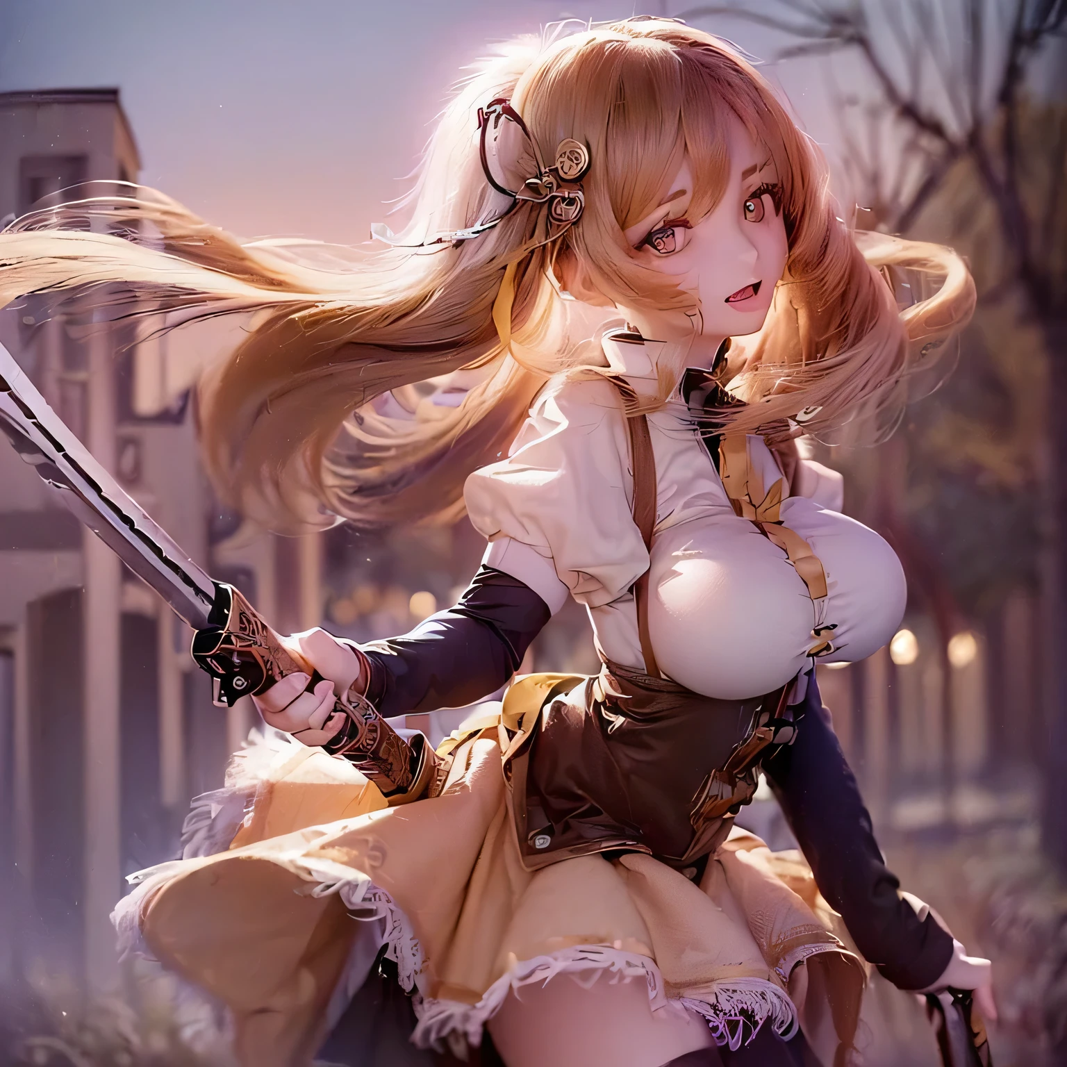 (Tabletop), Highest quality, Expressive eyes, Perfect Face　　　　Laughter　Shut your mouth.　
　Huge boobs　Mami Tomoe of Madoka Magica　　(((Hold a musket)))　Idol Costumes