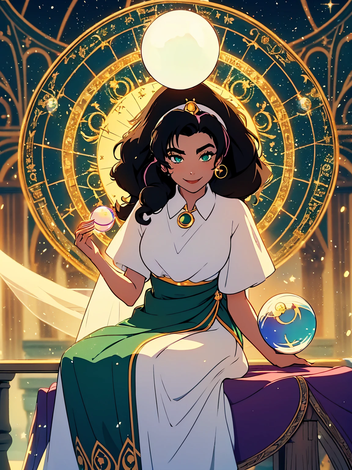 masterpiece, best quality, lineart, anime screencap, sketch, (1girl, solo:1.3), (black hair, hair swaying from the wind:1.3), (green eyes, bright pupils, sparkling eyes:1.2), (wearing white shirt:1.4), (crystal ball, scrying, astrology:1.4), (smile, sitting, hands above crystal ball:1.5), light particles, scenery, indoors, bokeh, ambient lighting, vibrant colors, 200mm lens, esmeralda,