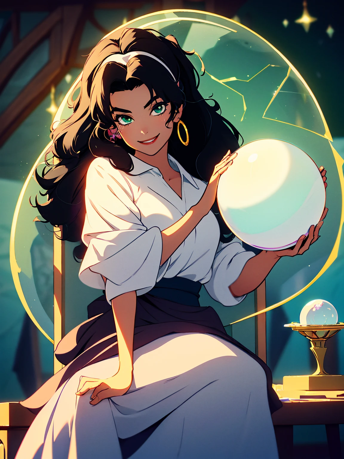 masterpiece, best quality, lineart, anime screencap, sketch, (1girl, solo:1.3), (black hair, hair swaying from the wind:1.3), (green eyes, bright pupils, sparkling eyes:1.2), (wearing white shirt:1.4), (crystal ball, scrying, astrology:1.4), (smile, sitting, hands above crystal ball:1.5), light particles, scenery, indoors, bokeh, ambient lighting, vibrant colors, 200mm lens, esmeralda,