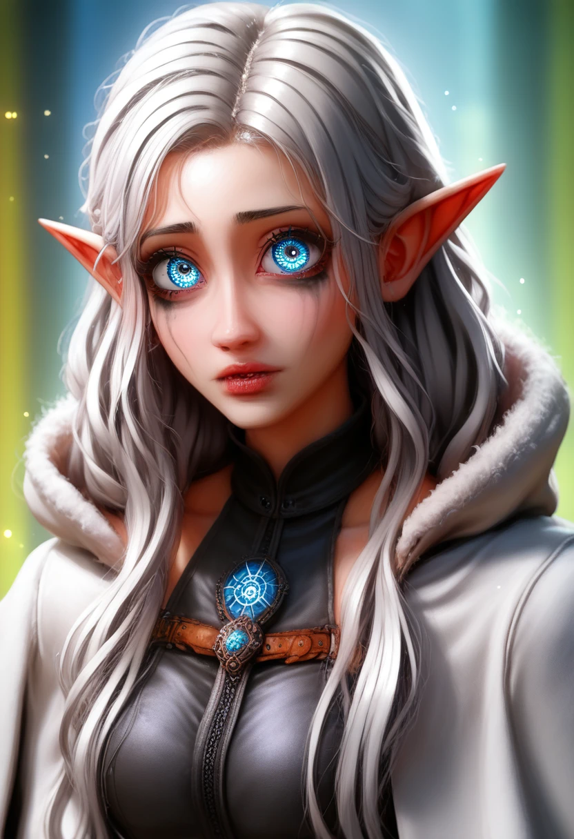 a close up, a character portrait by Yang J, pixiv contest winner, fantasy art, white haired deity, beautiful character painting, artwork in the style of guweiz, the piercing stare of yuki onna, guweiz,(masterpiece, top quality, best quality, official art, beautiful and aesthetic:1.2), (1girl), extreme detailed, (fractal art:1.3), colorful, highest detailed, perfect face, HDR, (white cloak golden lines:1.2), striking visuals, (dynamic streaks, luminous trails:1.2), vibrant colors, it looks even more beautiful than immortal, colored contact lenses, blush, high detail, anime, romanticism, modern, gothic art, anime style, film lighting, ray tracing, motion rye, close-up, sony fe gm, uhd, high detail, top quality, 8k, clean fingers, well-formed fingers, mdnn, (sharp focus:1.2), portrait, attractive young woman, (beautiful face:1.1), detailed eyes, luscious lips, (eye makeup:1.2), (tight body:1.2), (morning sun lighting:1.2), depth of field, bokeh, 4K, HDR, by (James C. Christensen:1.2|Jeremy Lipking:1.1), a small gnome girl with pale skin, very long wavy silver hair covering one eye, bright blue anime-style eyes with long lashes, wearing a corset, white puffy long sleeved shirt, and puffy cloth pants, leather bound boots, set in a windy fantasy landscape, (best quality, 4k, 8k, highres, masterpiece:1.2),ultra-detailed,dungeons and dragons, long elf ears, detailed skin and cloth textures, cute detailed face, intricate details, extremely detailed, 1girl, dynamic pose with hair covering one eye, shy personality, puffy cloth pants with leather belt, detailed privateer outfit, detailed buccaneer outfit, pouch on belt, wearing ornate leather armor with fur trim, silver inlay detail, wearing fur trimmed boots, wearing fur trimmed gloves, short, short height, halfing girl, small girl, very long detailed flowing hair, big head, big round eyes, windy, wind blown hair, wirey muscles, fighter, dynamic angle, kineticist, pathfinder, pathfinder kineticist 