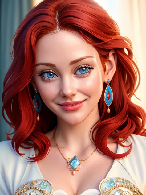 realistic photo of a beautiful m41tl4ndw woman,  1girl, solo, long hair, looking at viewer, smile, blue eyes, jewelry, red hair,...