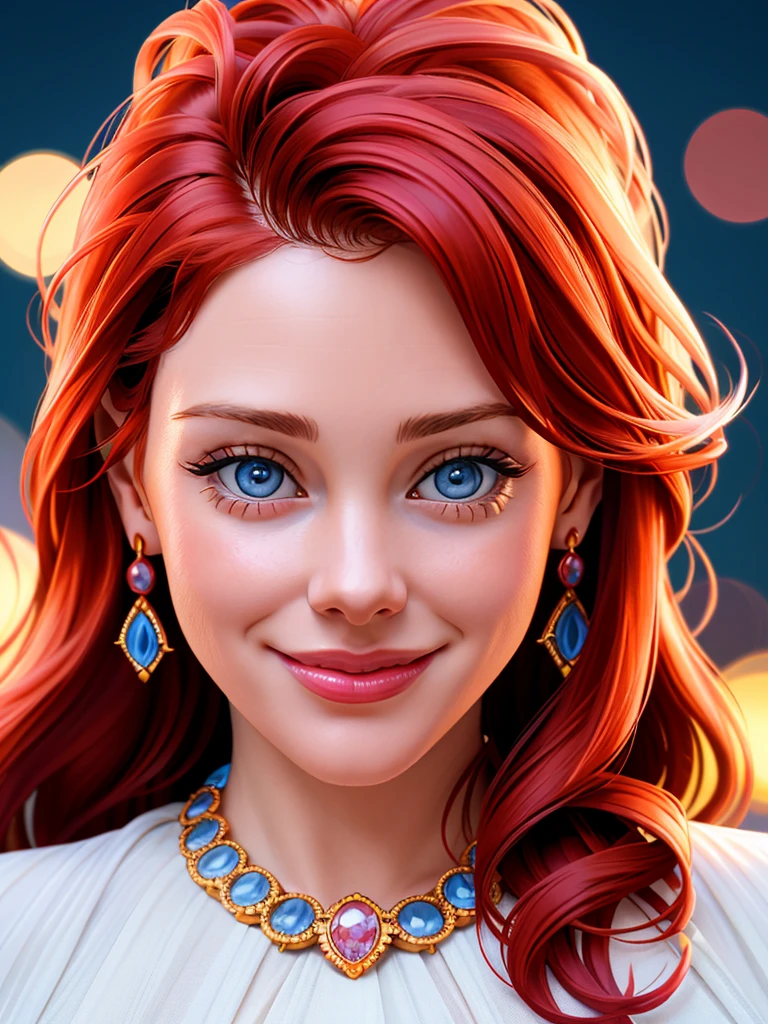 Realistic photo of a beautiful m41tl4ndw woman,  1girl, solo, long hair, looking at viewer, smile, blue eyes, jewelry, red hair, earrings, necklace, lips, portrait, realistic, soft lighting, professional Photography, Photorealistic, detailed, RAW, analog, sharp focus, 8k, HD, high quality, masterpiece