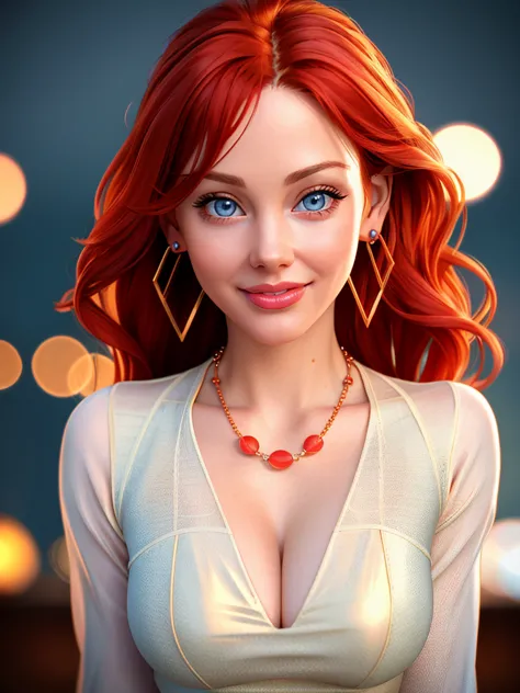 realistic photo of a beautiful m41tl4ndw woman,  1girl, solo, long hair, looking at viewer, smile, blue eyes, jewelry, red hair,...