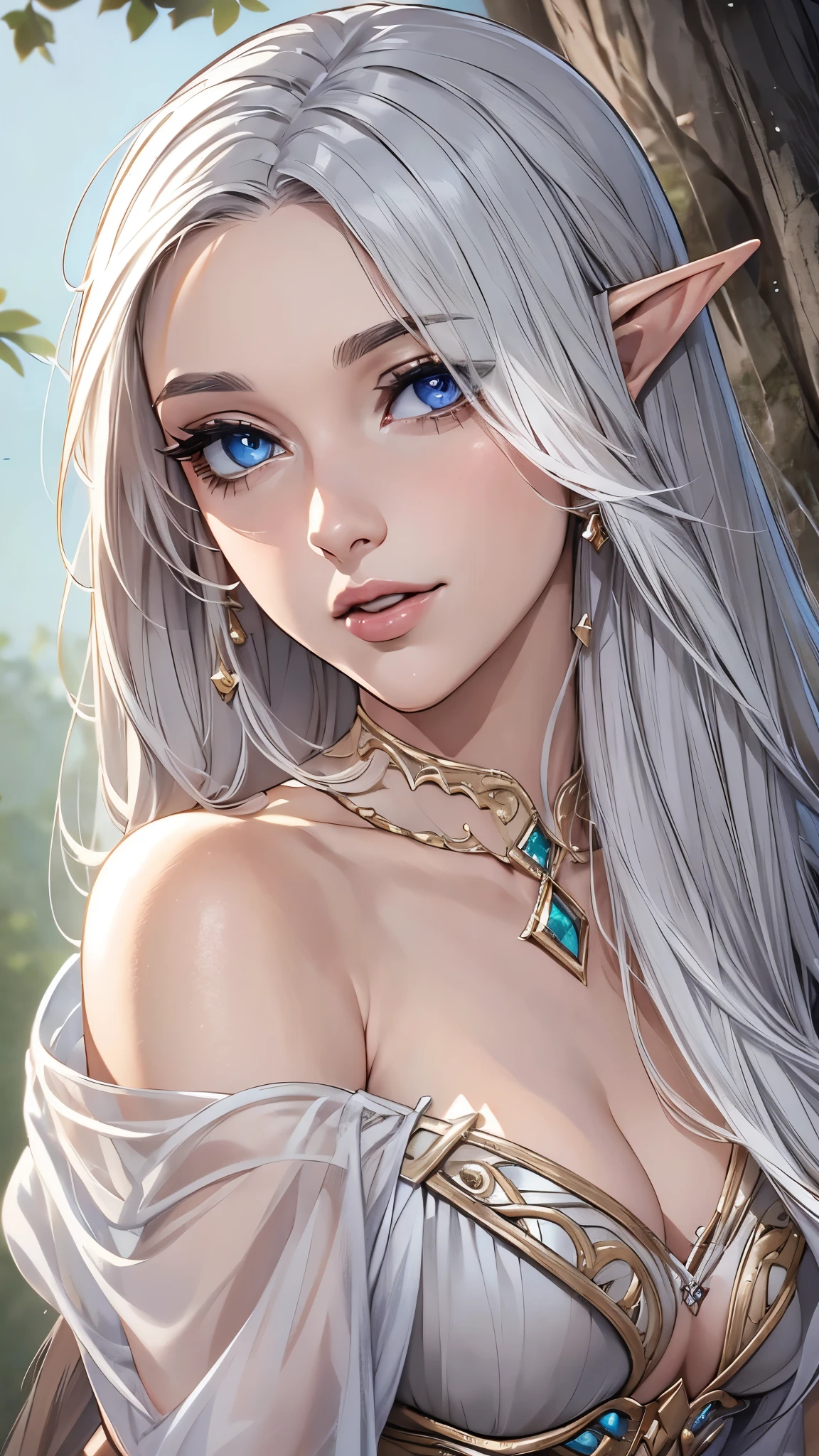 1 woman, Beautiful elf lady, dark elf, silver white Long straight hair, upturn elf pointy ears, sexy figure, big breast, charming cleavage, dark tone skin, beautiful face, detailed face, delicate eyes, glowing pupil, beautiful and delicate lips, blush, shy, heart, in love, sexy long skirt, Simple and stylish, small crystal earrings, hand drawn animation, high detailed, outdoor, symmetrical clothes, best quality, masterpiece, retina, 8K, highres,