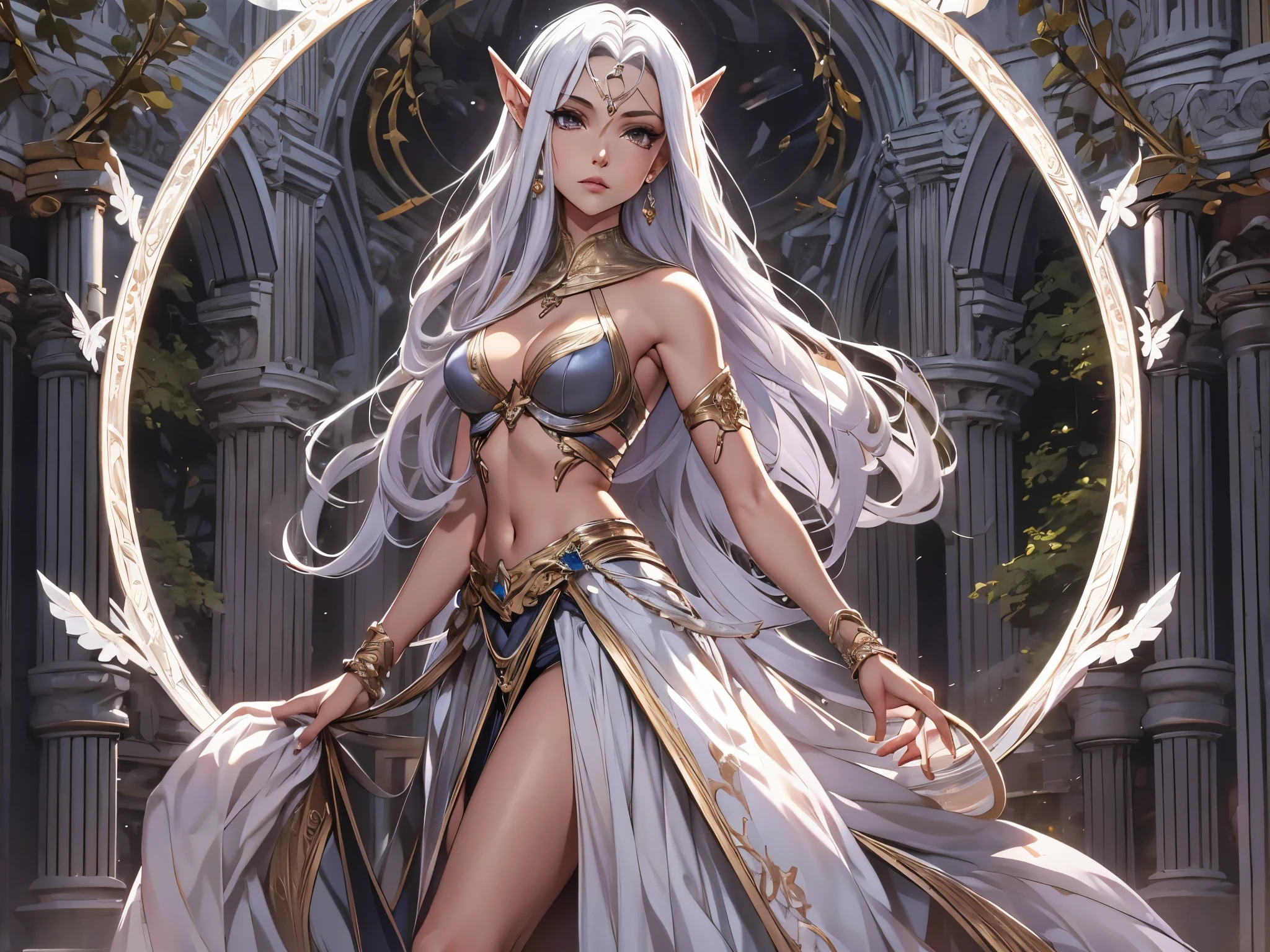 1 woman, Beautiful elf lady, dark elf, silver white Long straight hair, upturn elf pointy ears, sexy figure, big breast, charming cleavage, dark tone skin, beautiful face, detailed face, delicate eyes, glowing pupil, beautiful and delicate lips, blush, shy, heart, in love, sexy long skirt, Simple and stylish, small crystal earrings, hand drawn animation, high detailed, outdoor, symmetrical clothes, best quality, masterpiece, retina, 8K, highres,