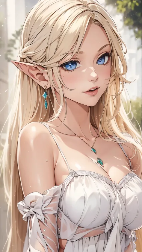 1 girl, Beautiful elf lady, blonde Long straight hair, upturn elf pointy ears, sexy figure, hot body, big breast, very beautiful...