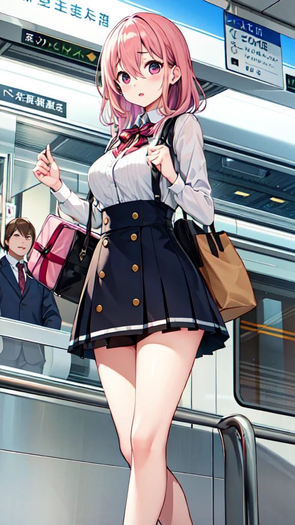 １People Girl、uniform、on the train、Are standing