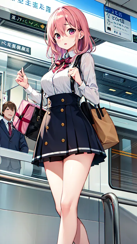 １people girl、uniform、on the train、are standing