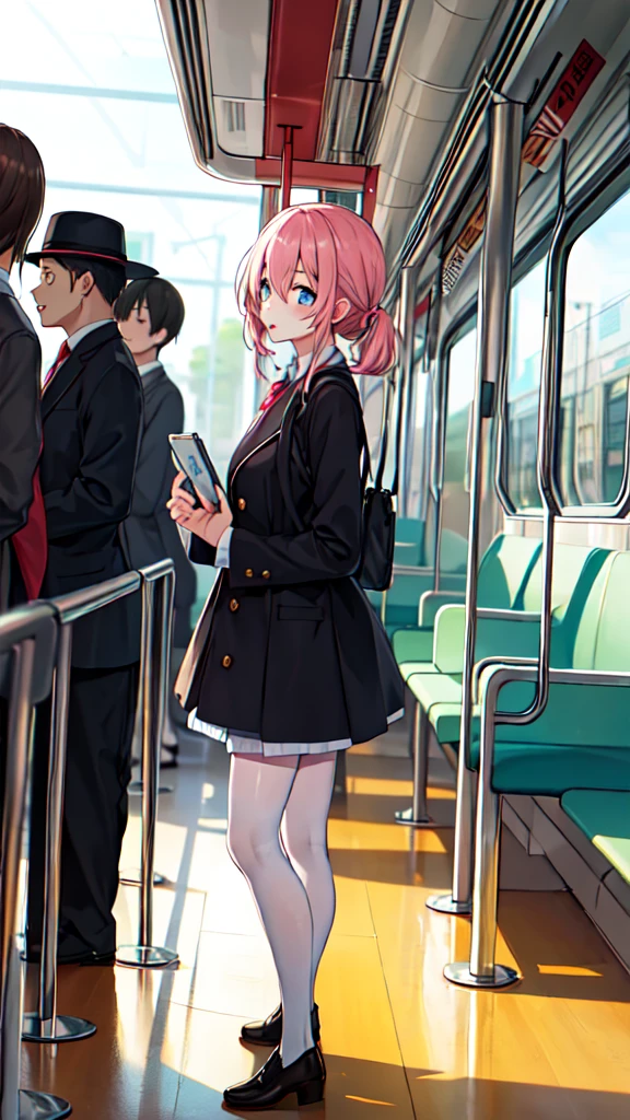 １People Girl、uniform、on the train、Are standing