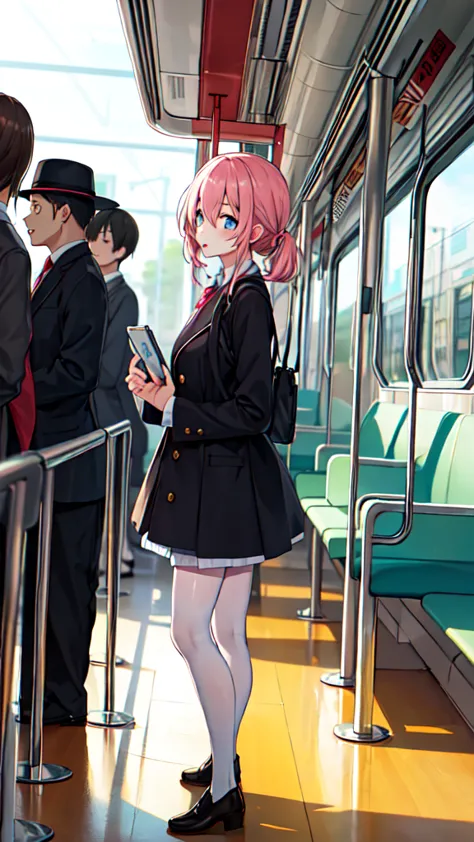 １people girl、uniform、on the train、are standing