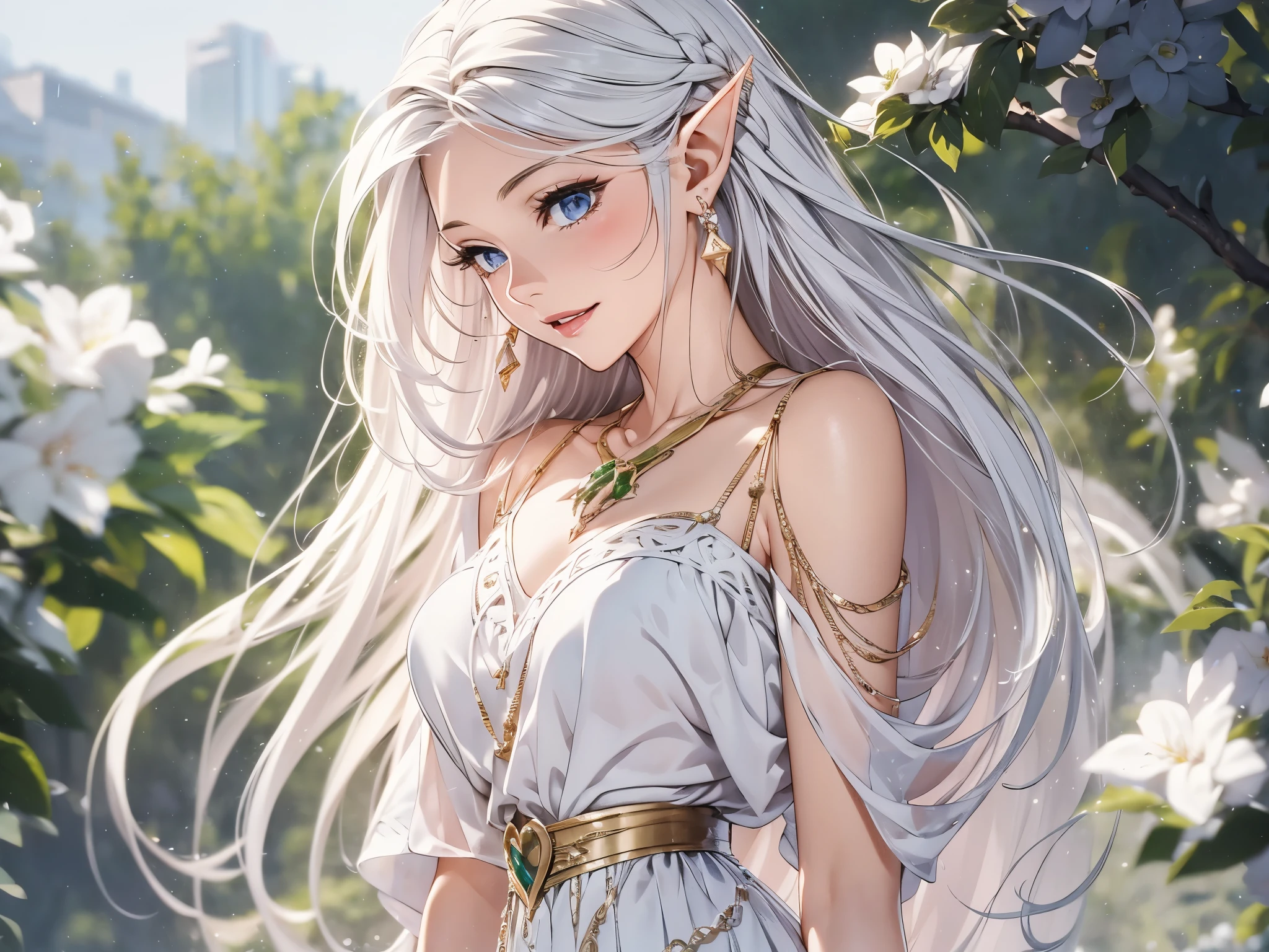 1 woman, Beautiful elf lady, silver white Long straight hair, upturn elf pointy ears, sexy figure, charming breast, white skin, very beautiful face, detailed face, delicate eyes, detailed pupil, beautiful and delicate lips, blush, shy, heart, in love, light smile, white camisole long skirt, Simple and stylish, small crystal earrings, hand drawn animation, high detailed, outdoor, symmetrical clothes, best quality, masterpiece, retina,