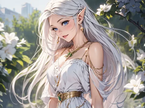 1 woman, Beautiful elf lady, silver white Long straight hair, upturn elf pointy ears, sexy figure, charming breast, white skin, ...