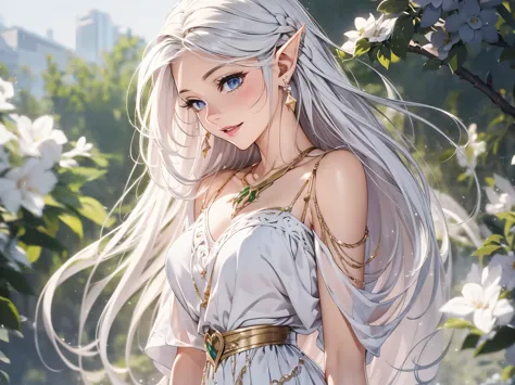 1 woman, beautiful elf lady, silver white long straight hair, upturn elf pointy ears, sexy figure, charming breast, white skin, ...