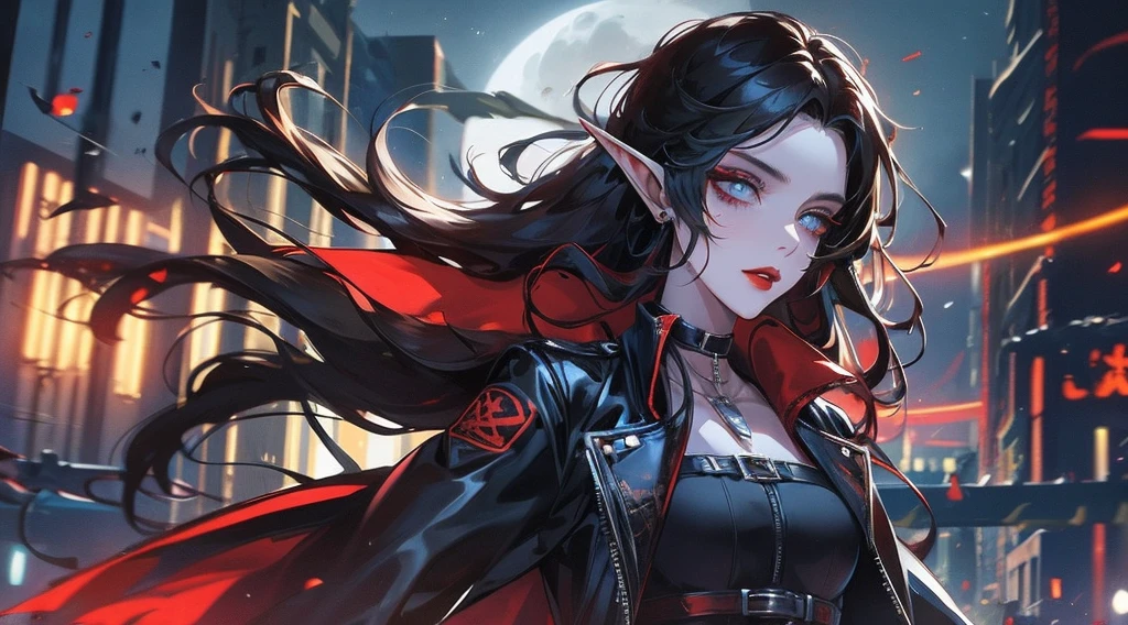 single female elf, long black hair, blue eyes, black gothic choker, red jacket, black shirt, red lips, black makeup. A detailed eye. City at night background. full moon.