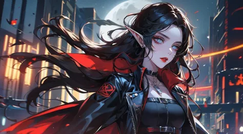 single female elf, long black hair, blue eyes, black gothic choker, red jacket, black shirt, red lips, black makeup. A detailed ...