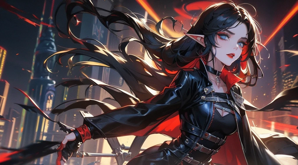 single female elf, long black hair, blue eyes, black gothic choker, red jacket, black shirt, red lips, black makeup. A detailed eye. City at night background. full moon.