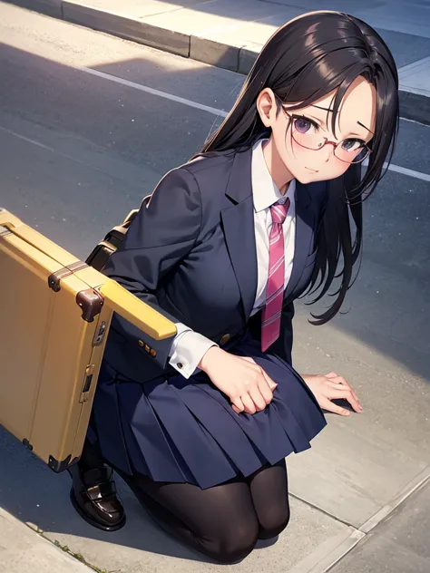 A woman in a suit and tie is kneeling and holding a suitcase, Beautiful anime girl crouching, Anime girl crouching, a Surreal , ...