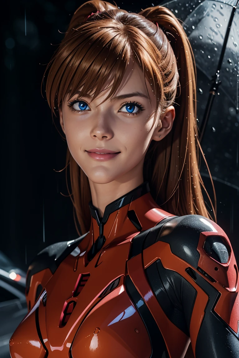 Evangelion,Asuka Langley,blue eyes,Plug Suit,Bodysuits,Interface Headset,赤いBodysuits,Ultra HD,super high quality,masterpiece,Digital SLR,Photorealistic,Detailed details,Vivid details,Depicted in detail,A detailed face,Detailed details,Super Detail,Realistic skin texture,Anatomical basis,Perfect Anatomy,Anatomically correct hand,Anatomically correct fingers,Complex 3D rendering,Sexy pose,Rainy Sky,Beautiful scenery,Fantastic rainy sky,Picturesque,Pink Lips,smile,