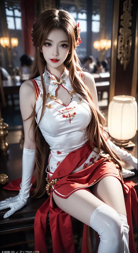 yuuki asuna,cheongsam, china dress, chinese clothes, sleeveless, bare shoulders, ((bare shoulders)), ((full breasts)), ((the ski...