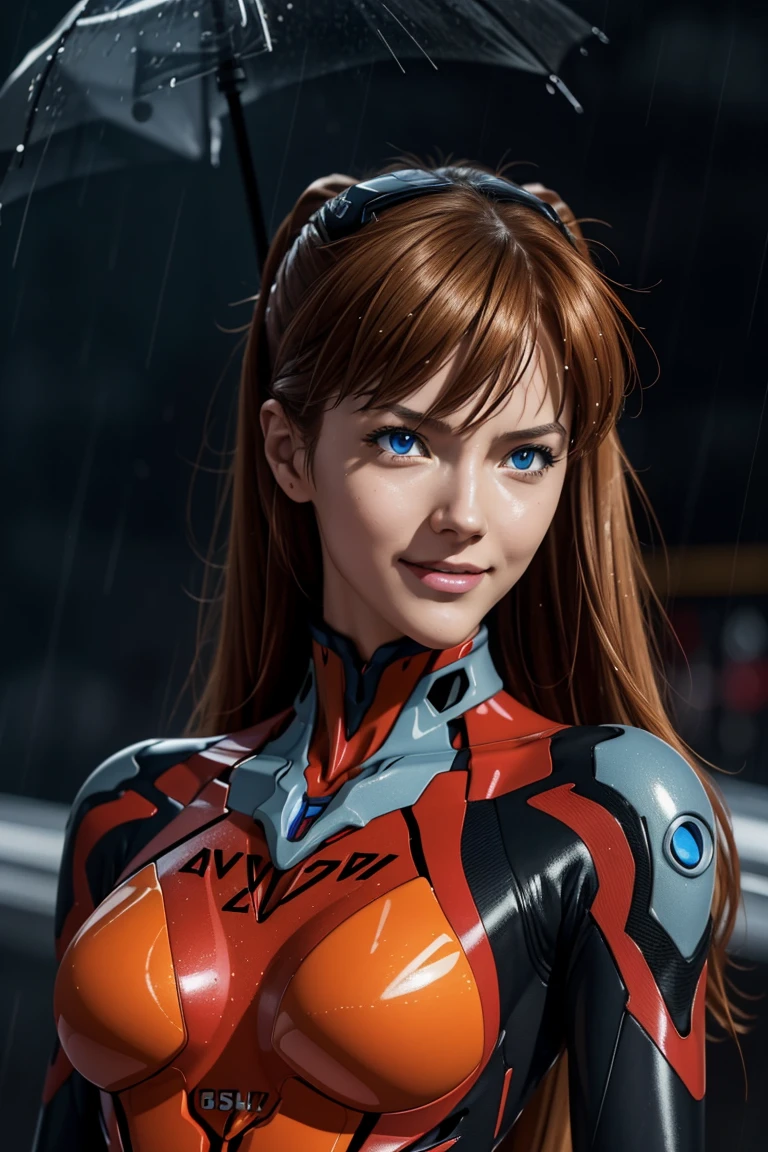 Evangelion,Asuka Langley,blue eyes,Plug Suit,Bodysuits,Interface Headset,赤いBodysuits,Ultra HD,super high quality,masterpiece,Digital SLR,Photorealistic,Detailed details,Vivid details,Depicted in detail,A detailed face,Detailed details,Super Detail,Realistic skin texture,Anatomical basis,Perfect Anatomy,Anatomically correct hand,Anatomically correct fingers,Complex 3D rendering,Sexy pose,Rainy Sky,Beautiful scenery,Fantastic rainy sky,Picturesque,Pink Lips,smile,