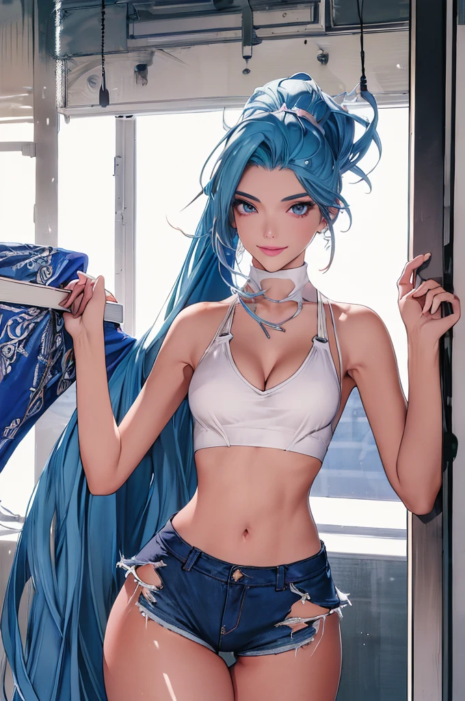 (best quality: 1.2), clean face, (masterpiece: 1.2, 8k) perfect anatomy, 1girl,a beautiful fashion model ,(masterpiece, official art, best quality ,long and shiny hair, blue hair with streaks in hair, long hair, full lips, slender body, slim body big breasts, looking at viewer, revealing outfit, absurdity, intricate details, dynamic pose, club, , wearing short shorts and a tight white top, cleavage, torn clothes, thong straps,  ponytail, coquettish expression, smile