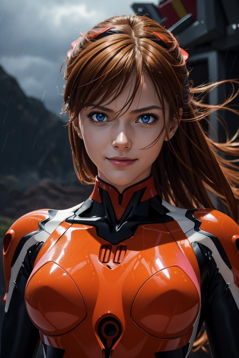 Evangelion,Asuka Langley,blue eyes,Plug Suit,Bodysuits,Interface Headset,赤いBodysuits,Ultra HD,super high quality,masterpiece,Digital SLR,Photorealistic,Detailed details,Vivid details,Depicted in detail,A detailed face,Detailed details,Super Detail,Realistic skin texture,Anatomical basis,Perfect Anatomy,Anatomically correct hand,Anatomically correct fingers,Complex 3D rendering,Sexy pose,Rainy Sky,Beautiful scenery,Fantastic rainy sky,Red Sea,Picturesque,Pink Lips,smile,