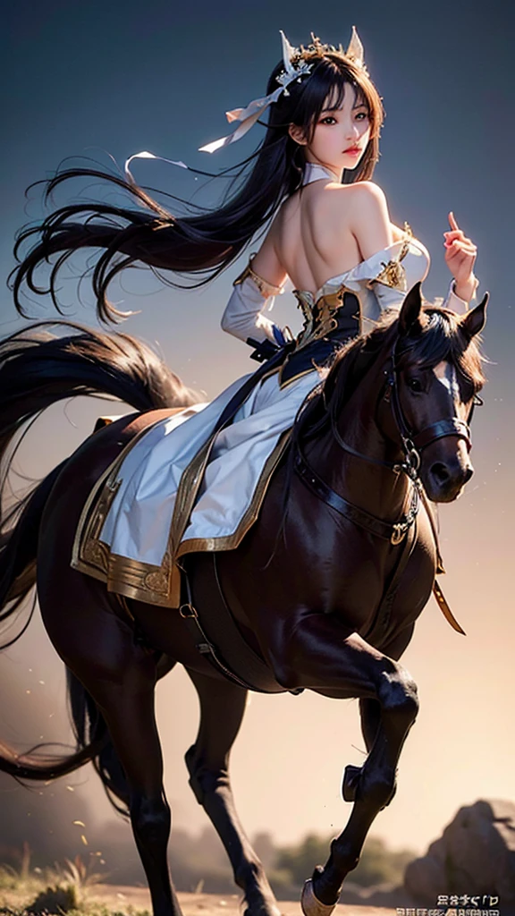 Beauty Knight。Tight knight suit。Handsome face。White and tender skin。Perfect and attractive figure。Galloping on a horse。Plump thighs exposed。Exposed thighs。Exposed shoulders and back。Full body portrait。