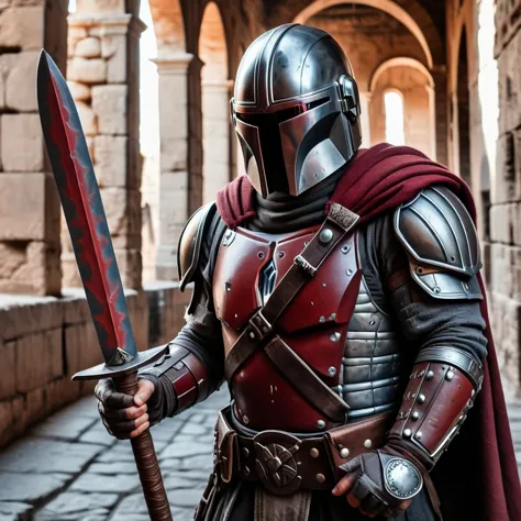 a mandalorian gladiator, holding a steel sword, muscular, glossy and worn steel gladiator armor, flowing black and red cape, int...