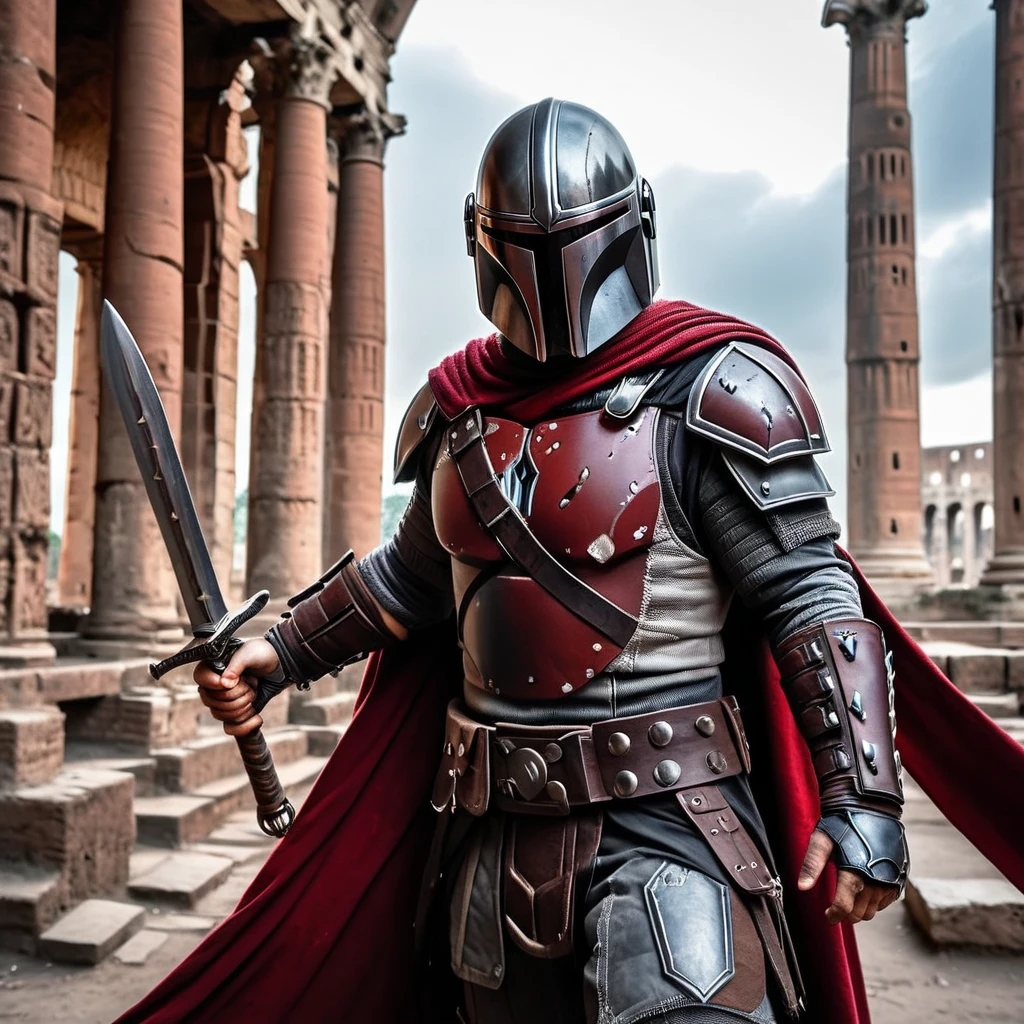 un gladiateur mandalorien, tenant une épée en acier, Musclé, armure de gladiateur en acier brillant et usé, Flowing black and red cape, détails d&#39;armure complexes, placage d'armure chromée, vent de poussière soufflant, Colisée, ambiance cinématographique, beautiFul photography, 35mm, Reflex numérique Canon EOS 5D Mark IV, F/5.6 ouvertures, 1/vitesse d'obturation de 125 secondes --ar 4:5 - style brut