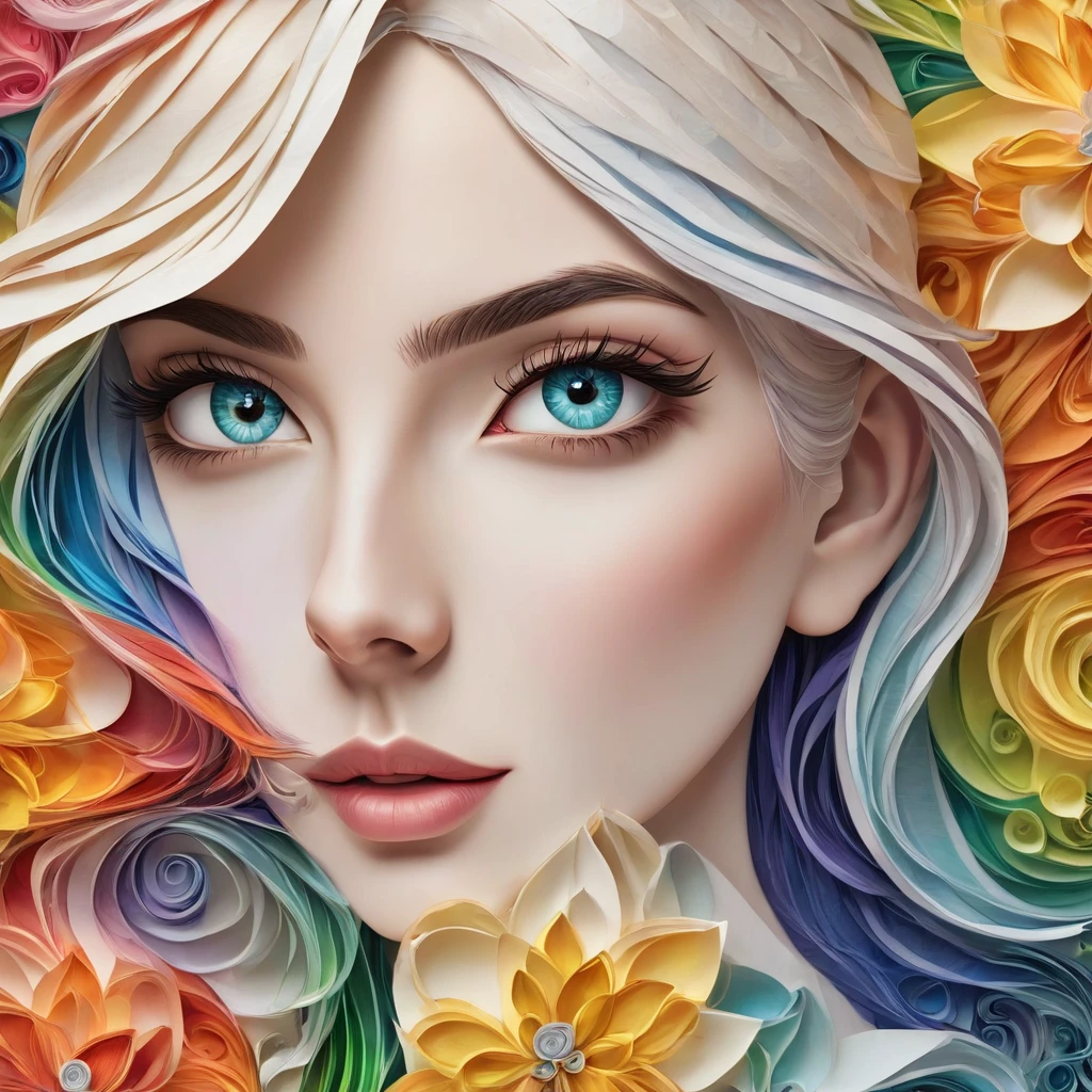 (beauty side face,long colored hair,eyes locked,work of art narcissus),Colorful rainbow background, (illustration:1.2,paper art:1.2, tangle:1.2, 3D rendering),(best qualityer, Detailed back details, work of art, offcial art, film light effect, 4K, Bright dark)