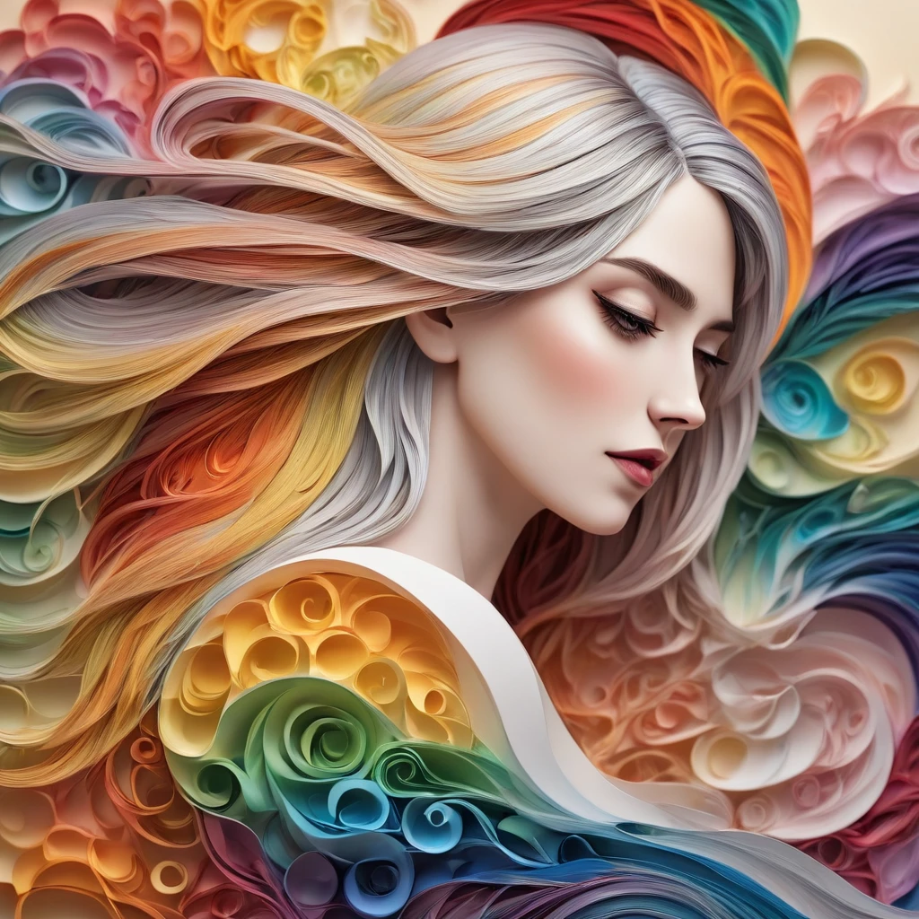 (beauty side face,long colored hair,eyes locked,work of art narcissus),Colorful rainbow background, (illustration:1.2,paper art:1.2, tangle:1.2, 3D rendering),(best qualityer, Detailed back details, work of art, offcial art, film light effect, 4K, Bright dark)