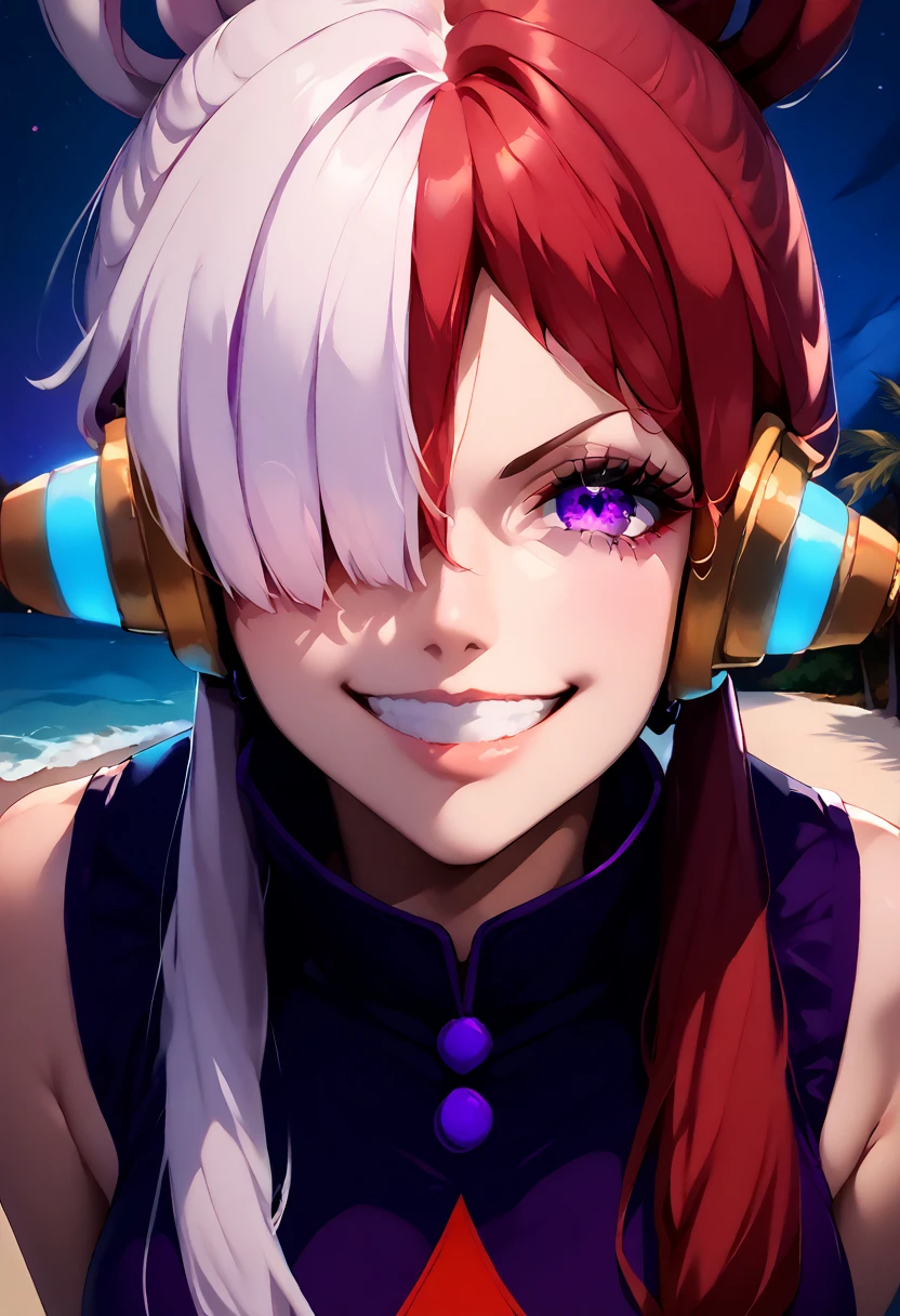 onepieceuta, uta, long hair, (purple eyes:1.1), white hair, red hair, multicolored hair, (hair over one eye:1.5), two-tone hair, split-color hair, hair rings, sidelocks, Villain, seductive smile, evil grin, headphones, POV, purple briefs, erection, foreplay, Dark beach, Night, Dark, masterpiece, Top animation quality, Top image quality, 