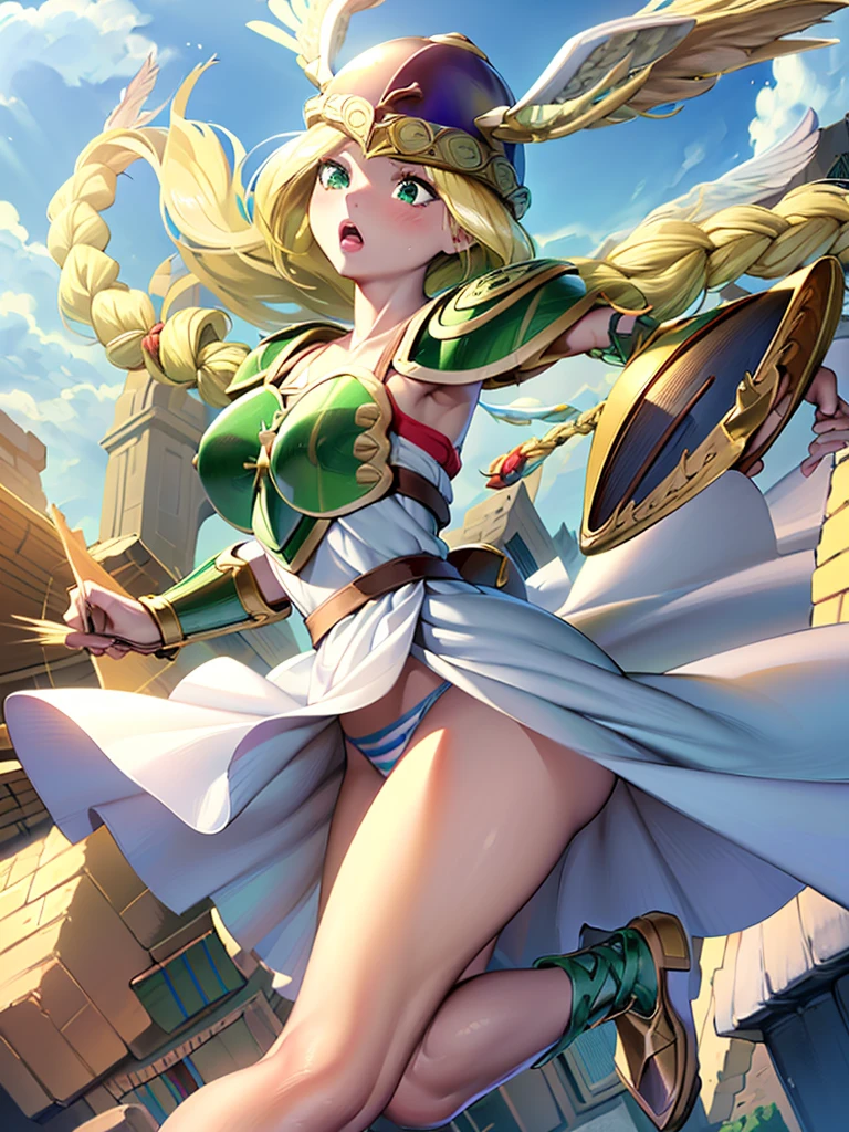 masterpiece,best quality, 1girl, 18yo, beautiful girl,BREAK,(Armor:1.8),(Helmet with wings:1.7),(Beautiful blonde,braid,Green Eyes:1.5),BREAK,(White Dress,Blue and white striped panties:1.4),BREAK,(naughty face, naughty:1.3), (blue sky:1.2),(Running on clouds:1.3),(move chart:1.3),