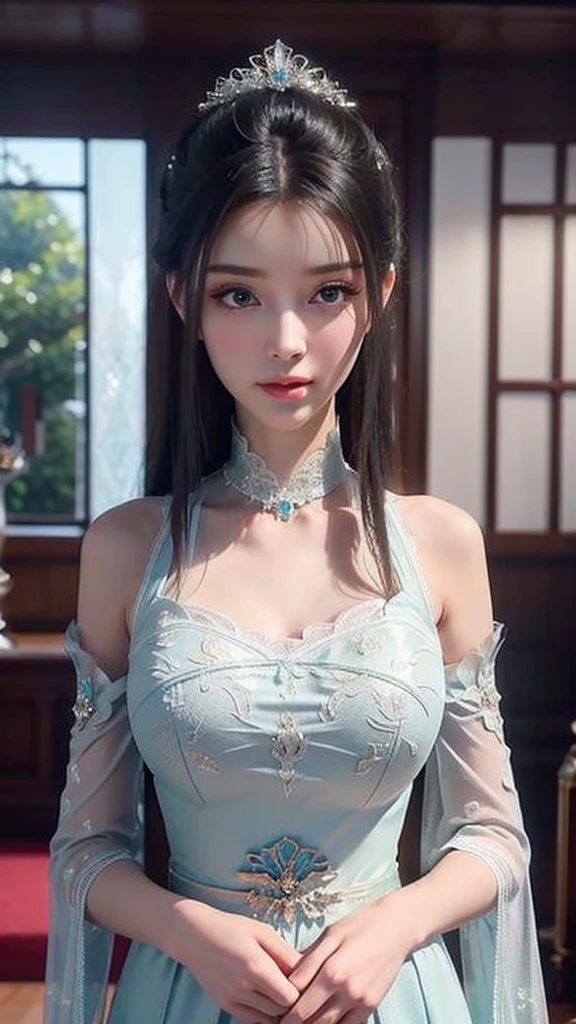 tmasterpiece，Best picture quality，HD 8K wallpaper，Beautiful picture，Elegant single woman，Round dress，Shiny eyes，Detail at its best，An exquisite masterpiece，Pure beauty and lightnesoderately aesthetic，Gentle and elegant，Attention to detail，Cyan white lace round princess dress，Immortal, full body portrait