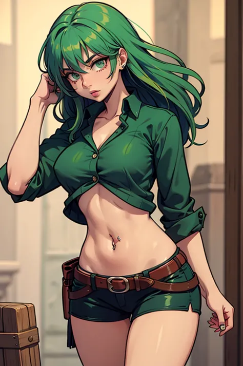 1 girl, 18 years old, green hair, red dead redemption outfit, wild west, navel piercing