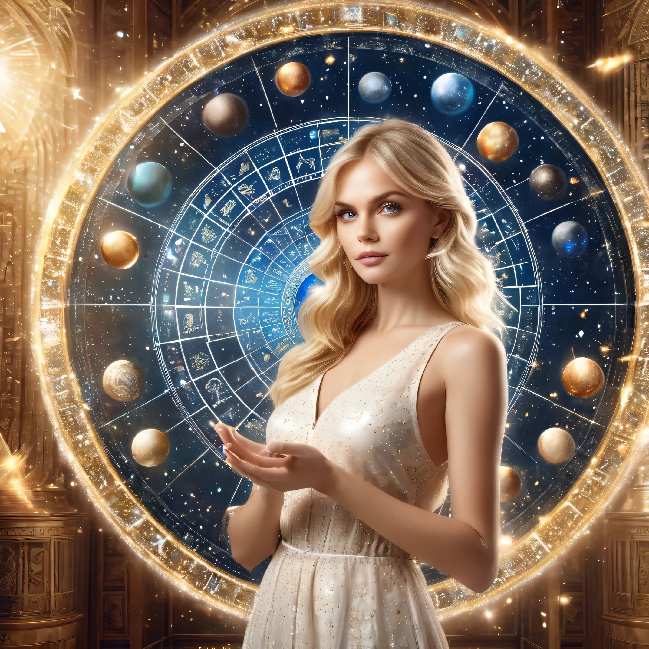 Astrologer, beckoning, blonde hair, bangs, 1girl, long hair, looking at viewer, 3D image of astrological horoscope circle on both palms, best quality, masterpiece, high quality, extremely detailed CG unity 8k wallpaper, delicate background, luminous particles, complex details, Sacred geometry, Vacuum Bottle Collection Room, upper body, hand focus,