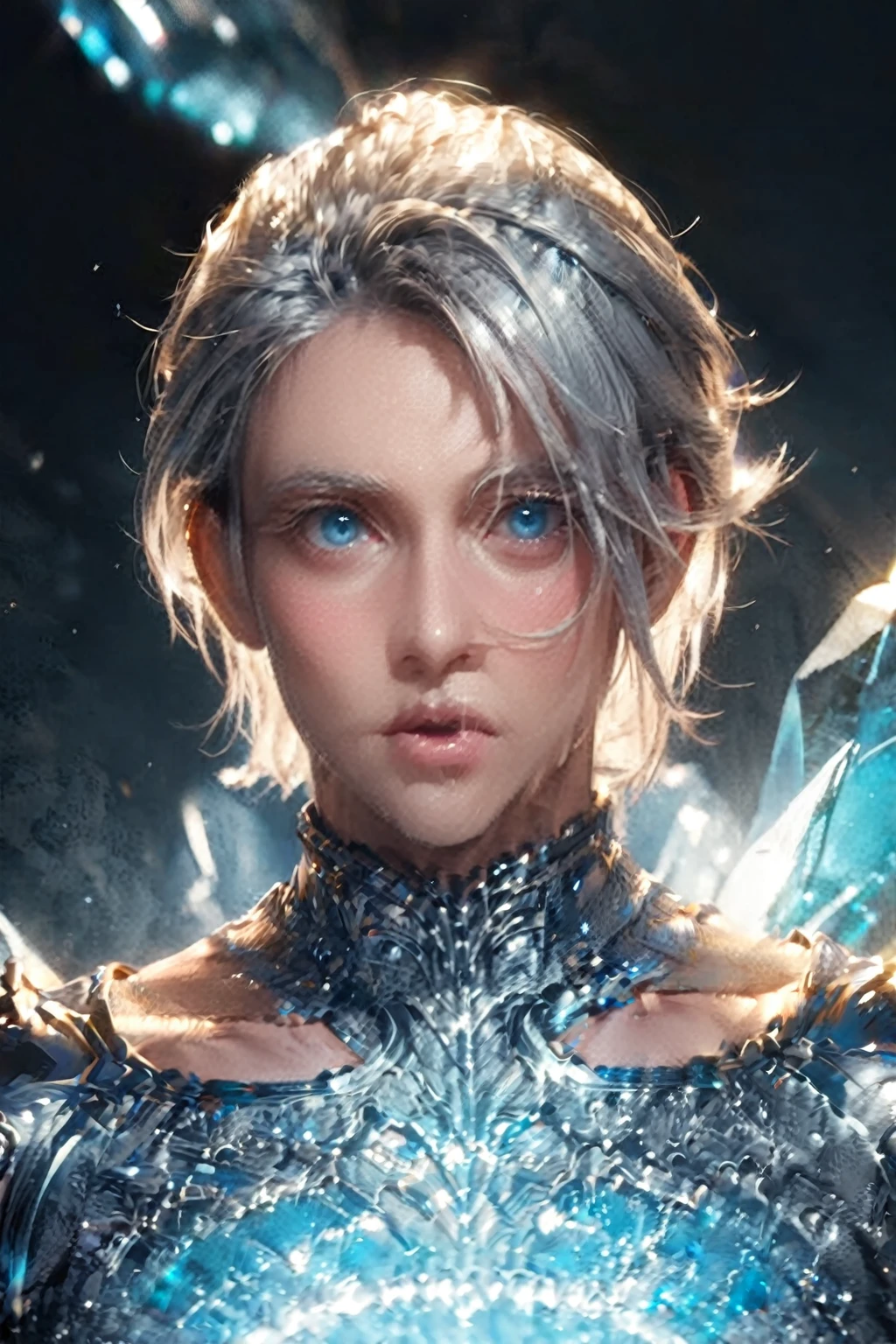 une femme dans une tenue argentée aux yeux bleus et une épée, humanoïde androgyne attrayant, beau prince androgyne, modèle ig | artgerme, artgerme ; Moteur irréel 3D, germe d&#39;art extrêmement détaillée, fanart meilleure station d&#39;art, style révolution lignée 2, art fantastique hyperréaliste, délicat prince androgyne