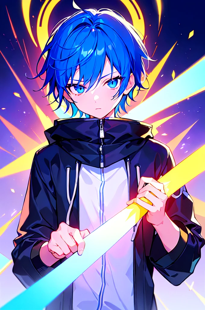 [(ATMOSPHERE BACKGROUND:1.5),::5], ((((masterpiece)))), high quality, ultra very high resolution, full color, (((solo))), ((little boy)), oriental Blue hair, (oriental blue eyes), anime, ((upper body)), neon light, black parka, 