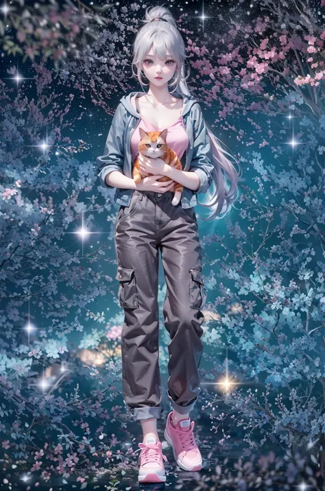 (((Holding a cute orange bantam cat in both hands)))，((Highest quality，masterpiece，一位超Mature高挑美女正面全身圖，Air bangs，Blue gray high p...