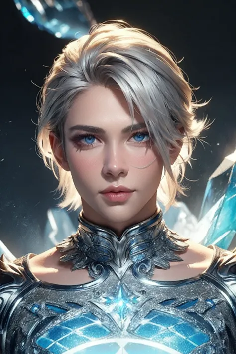 a woman in a silver outfit with blue eyes and a sword, attractive androgynous humanoid, beautiful androgynous prince, ig model |...