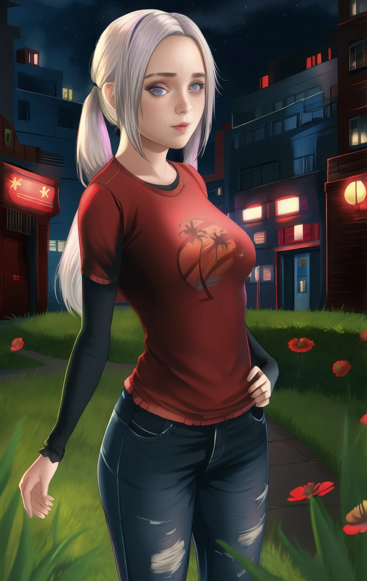 red shirt, long sleeves, standing, twintails, neon lights, night, looking at viewer, large breasts, blue jeans, solo, edelgardacademy, white hair, purple eyes, elliet1