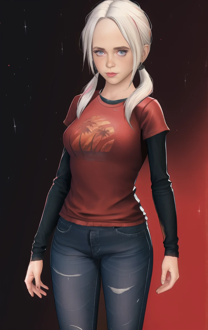 red shirt, long sleeves, standing, twintails, neon lights, night, looking at viewer, large breasts, blue jeans, solo, edelgardacademy, white hair, purple eyes, elliet1