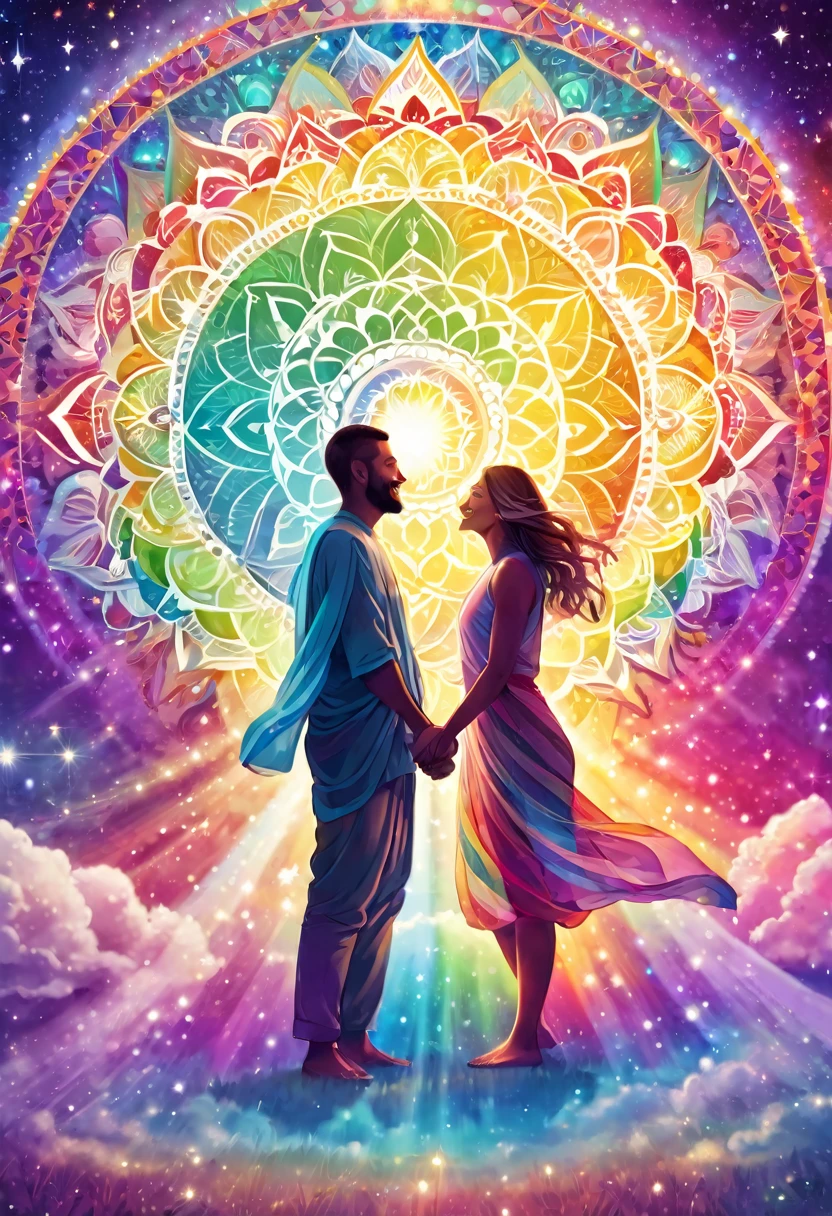 Souls of a man and woman in the light of a big chakra mandala, integration, holding hands and smiling, meditation, enlightenment, inspiration, love, shooting star, pastel colored rainbow light